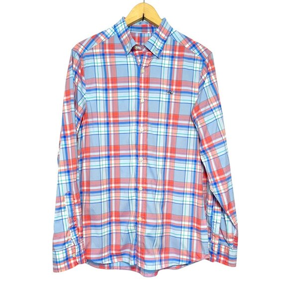 Vineyard Vines Performance Button Down Whale Shirt Mens S Plaid Preppy Coastal - Picture 1 of 8